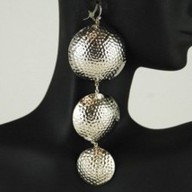 NEW 4.5&quot; Dangle Embossed Circle Silver Tone Metal Pierced Earrings STUNNING! - £8.03 GBP