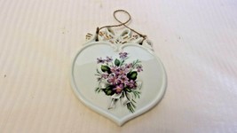 Vintage Ceramic Heart Wall Hanging With Purple Flowers 6.25&quot; Tall - £31.87 GBP