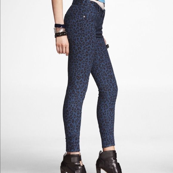 Primary image for Express Stella Legging Blue Leopard Print Jeans Size 2 $88