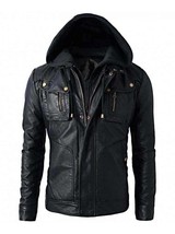 Men&#39;s Motorcycle Brando Style Biker Real Leather Hoodie Jacket - Detach ... - $69.29+