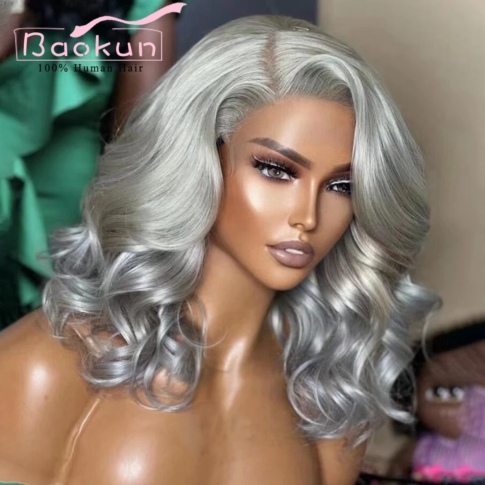 Side Part Grey Body Wave Lace Front Wig 360 Colored Human Hair Lace Frontal W - £81.41 GBP+