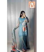 Sky Blue Floral Georgette Digital Print &amp; Hand Work Suit Set for Women - $50.00