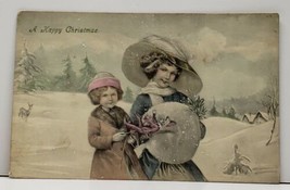 Happy Christmas Lovely Girls in Snow Scene Large Muff Hand Colored Postcard F14 - £15.89 GBP