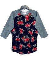 LulaRoe Womens M Black &amp; Gray Rose Print Raglan 3/4 Sleeve Shirttail Hem Top - £14.12 GBP