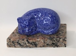 Blue Painted Ceramic Sleeping Cat on Granite Stone Block - £15.89 GBP