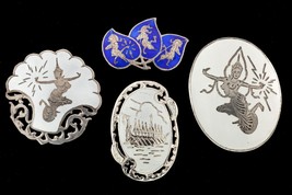 Magnifique Argent Sterling Siam Niello Émail Broche Ensemble De 4 - $5,485.00 MXN