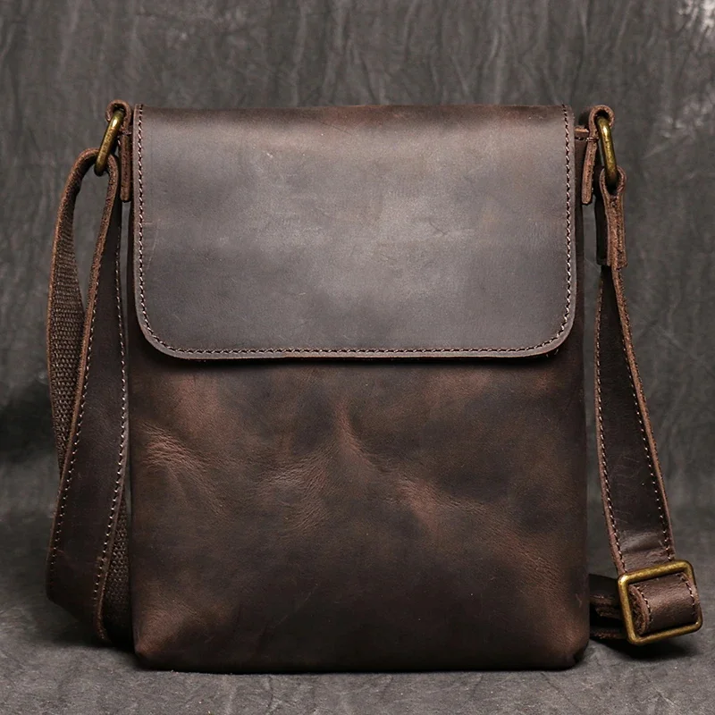 Genuine Leather Daily Casual Shoulder Bag for Men Small Dark Brown Vintage Messe - £55.02 GBP