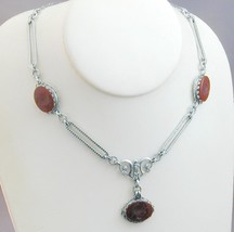 Art Deco Signed Silver Tone Metal Carnelian Intaglio Warrior Lavalier Necklace - £179.85 GBP