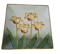 Floral Tulips Square Dish ceramic Decor Plate green blue yellow  8&quot; - £14.94 GBP