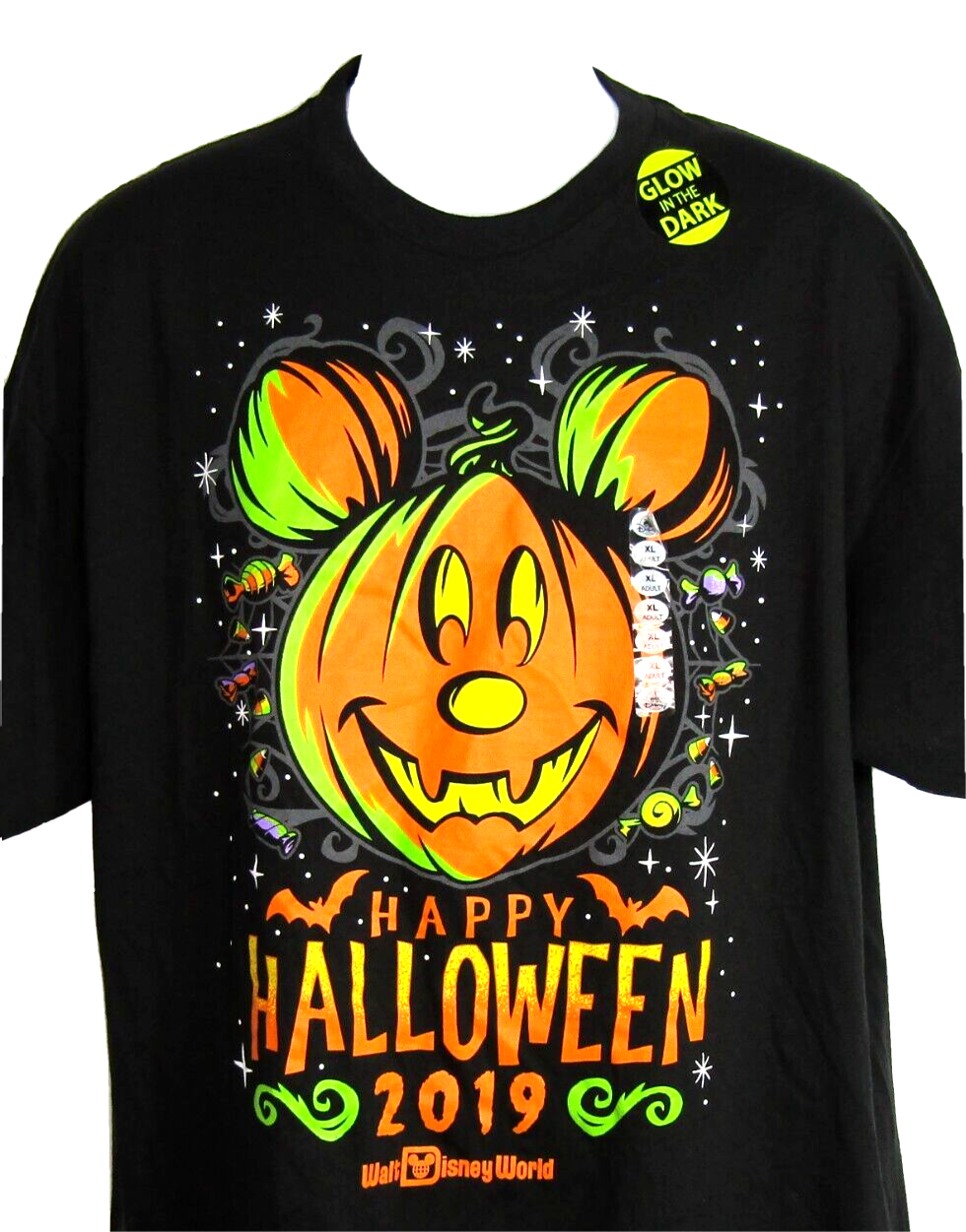 Primary image for Disney Parks Halloween Mickey Pumpkin T-Shirt 2019 Glow in the Dark New Size XL