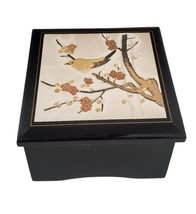 Vintage Japan Black Lacquer Jewelry Box Copper Brass Bird Floral Lid Mus... - $14.92