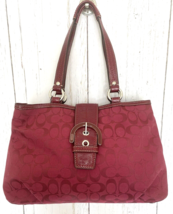 Coach Logo Soho Signature Canvas Purse Handbag Maroon Red Patent Leather Buckle - £33.79 GBP