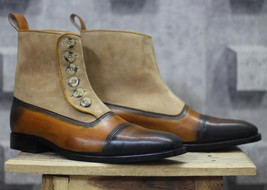 Handmade Men Multi Color Leather Suede Cap Toe Button Boots, Mens Designer Boots - £127.88 GBP