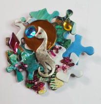 Silver Cat Puzzle Pin Handcrafted 1990s Beads Funky Handmade 2.75in - £13.19 GBP