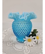 Vintage 6&quot; Fenton Blue Opalescent Hobnail Vase Ruffled Edge 6&quot;T X 5&quot;W EUC - $26.11