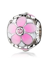 925 Sterling Silver Magnolia Bloom Pale Cerise Enamel Pink CZ Bead Charms for Eu - £51.35 GBP