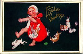 Vtg Postcard 1911 Easter Greetings Child With Bag Of Bunnies Bunny Rabbit Emboss - £5.51 GBP