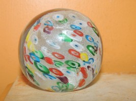 Art Glass Paperweight 2.5&quot; clear with multicolor millefiori cloudy white... - $12.59