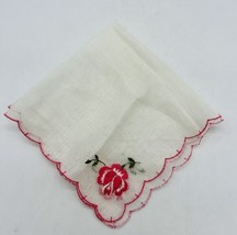 Vintage Womens Sheer White Hankie Red Rose Floral Embroidered Scalloped Edge - $18.69