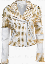 New Woman&#39;s White Golden Spiked Studded Punk Unique Cowhide Leather Jack... - £359.63 GBP