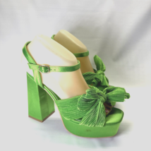 Khpaermei Bow Knot Platform Block Heels Women Size 37 US 6.5 M Green Satin Shoes - $20.52