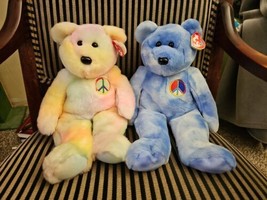 Ty Beanie Buddy Lot Of 2 Buddies Blue Peace Bear Plush Toy 2003 With Tag... - $29.65