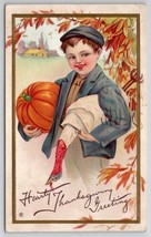 Thanksgiving Boy With Pumpkin And Turkey Postcard V22 - £5.43 GBP