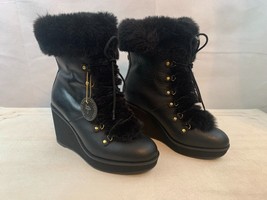 NEW! Women’s Ralph Lauren Rachele Boots 7 Black Wedge Embossed Leather Faux Fur  - £38.92 GBP