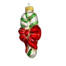 Green Striped Candy Cane with Red Bow Glass Christmas Ornament - £10.35 GBP