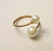 Double Faux Pearl Cuff Bypass COCKTAIL RING size 8 Gold plated Wire Band - £31.59 GBP