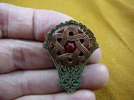 (z16-22) iridescent burgundy knot star Czech glass button ornate fan brooch pin - $17.75