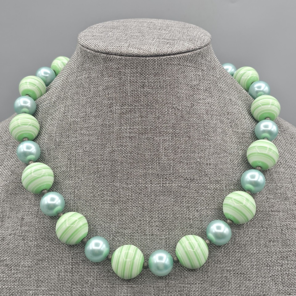 Vintage Gumball Bead Necklace Green Stripe Blue Metallic SIngle Strand 22&quot; - $19.99