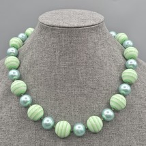 Vintage Gumball Bead Necklace Green Stripe Blue Metallic SIngle Strand 22&quot; - $27.36 CAD