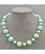 Vintage Gumball Bead Necklace Green Stripe Blue Metallic SIngle Strand 22&quot; - $19.99