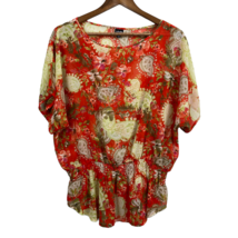 Rafaella Top Women Large Floral Red Green Semi Sheer Smocked Short Dolman Sleeve - £11.77 GBP