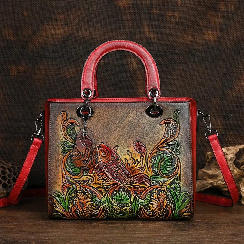   Fish Embossed Women Handbag Vintage Chinese Style Shoulder Bag Versatile Leath - £63.94 GBP