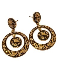 Damascene Ornate Etched Black Gold Flowers Swallows Birds Pierced  Earrings  - £25.59 GBP