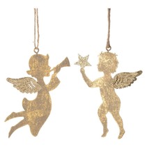 Silver Tree Set Of 2 Rustic Gold 4.25&quot; Metal Angel Christmas Ornaments A41809 - £17.99 GBP
