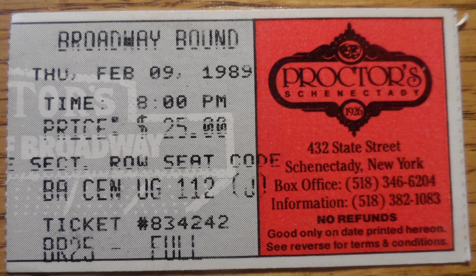 Broadway Bound Schenectady NY Vintage Ticket Stub From 1989 Proctors Col... - $6.95