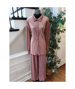 Women Pleated Lounge Set XL Pink Long Sleeve Button Top Wide Leg Pants 2... - $1,202.96 MXN