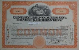 Century Ribbon Mills Stock Certificate -1934, Old Vintage Rare Scripophi... - $79.95