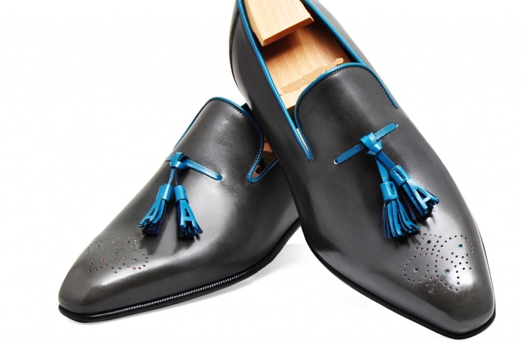 Made To Order Men Black Loafer Blue Tassels Medallion Toe Leather Shoes US 7-16