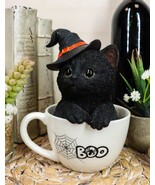 Witching Hour Halloween Black Cat with Witch Hat In Tea Cup Pet Pal Figu... - €26,91 EUR