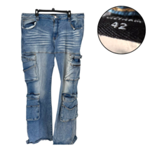 Men’s 42 Blue Denim Cargo Jeans Multi-Pocket Bootcut Bell Bottom Style - $22.76