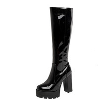 Patent Leather Platform Long Boots Black White Fashion Square Heel Knee High Boo - £58.80 GBP
