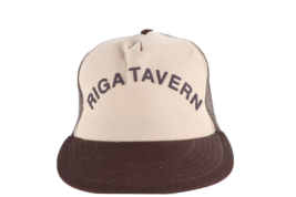 Vintage 80s Rockabilly Riga Tavern Spell Out Trucker Hat Cap Snapback Brown USA - £15.51 GBP
