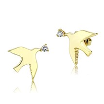 Round Simulated Diamond Flying Dove Couple Bird Stud Gold Plated Fashion Earring - £43.76 GBP