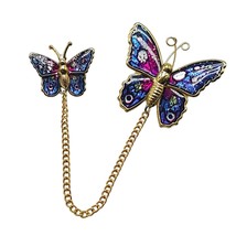 Glitter Enamel Sparkle Butterfly Pair Chain Brooch Pin Gold Tone Vintage - £15.31 GBP