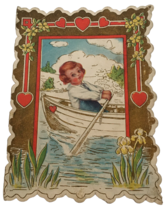 Vintage Valentine Card Embossed Girl in Rowboat Boat Scallop Edge Heart ... - $9.99