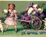 Vtg Postcard A Happy Easter Flower Cart Violets Giant Egg Easter Bunny E... - £6.18 GBP